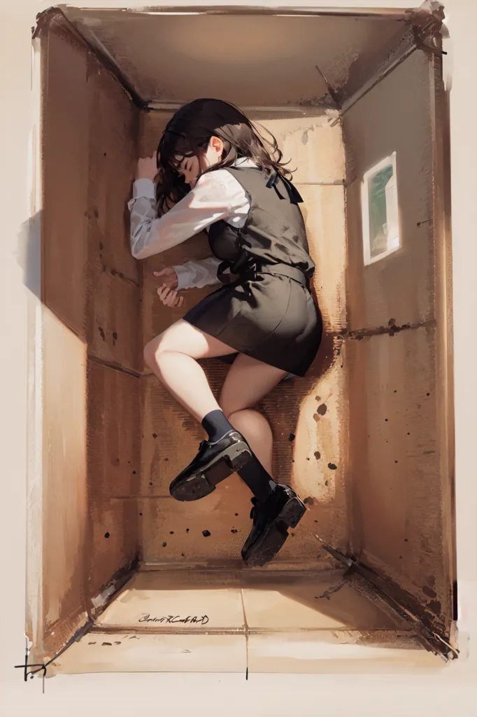 A young girl with black hair and brown eyes is sleeping in a cardboard box. She is wearing a white shirt, a black vest, and a black skirt. Her legs are curled up and her arms are wrapped around her knees. There is a small window in the box, and the light from outside is shining in on her face. The box is old and dirty, and there are some stains on the walls. The girl's expression is peaceful and serene.