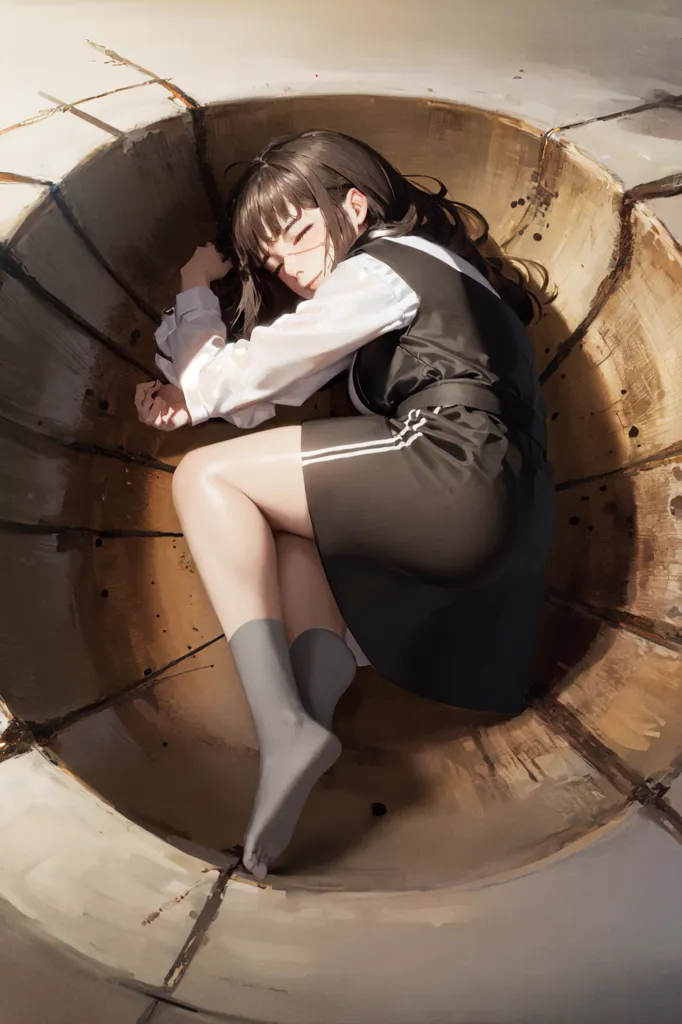 A beautiful anime girl with long black hair is sleeping in a wooden barrel. She is wearing a white blouse, a black vest, and a black skirt. Her eyes are closed, and her expression is peaceful. The barrel is lying on its side, and the girl is curled up inside it. The background is a light brown color, and the light is coming from the top left corner of the image.