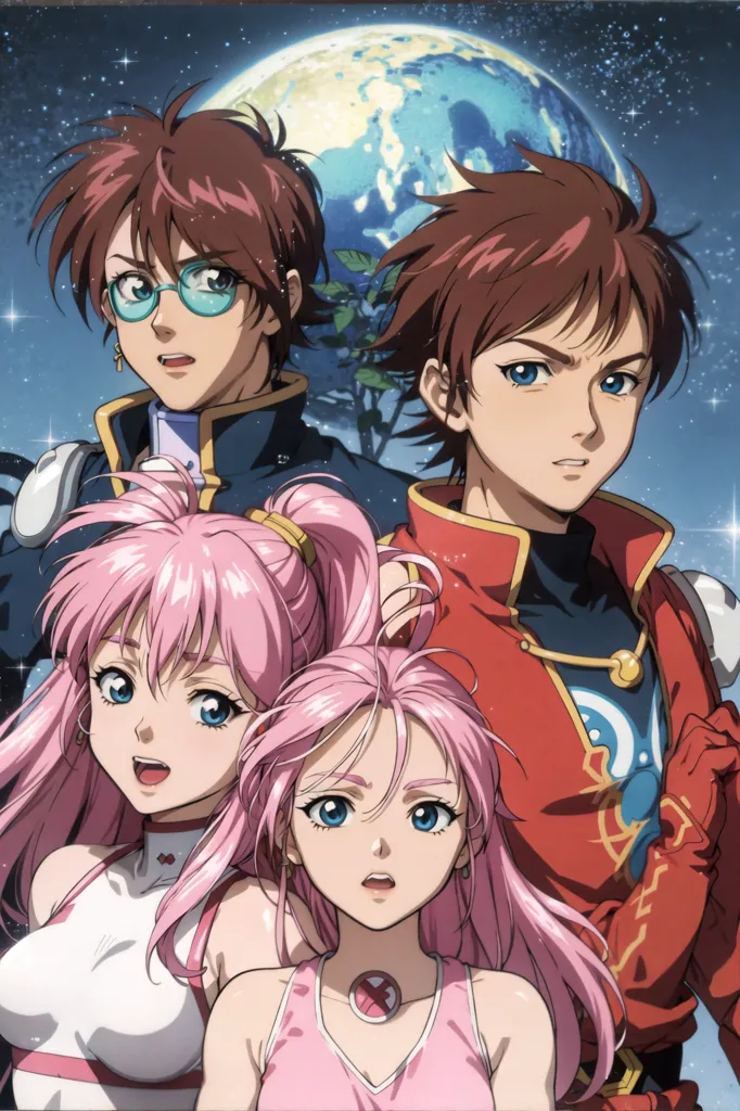 This is an illustration of four characters from the anime series "The Vision of Escaflowne". In the background, there is a blue planet with a large moon behind it. The characters are standing in front of the moon. On the left side of the image, there is a young man with brown hair and glasses. He is wearing a blue uniform with a white cape. Next to him, there is a young woman with pink hair and blue eyes. She is wearing a white dress with a pink bow. On the right side of the image, there is another young man with brown hair and blue eyes. He is wearing a red uniform with a white cape. Next to him, there is another young woman with pink hair and blue eyes. She is wearing a pink dress with a white bow.