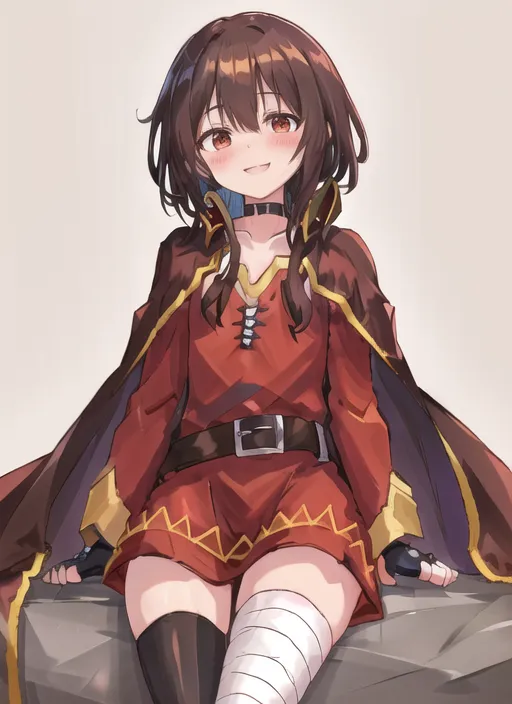 The image shows a young girl with long brown hair and red eyes. She is wearing a red and brown outfit with a white belt and a brown cape. She is sitting on a rock with her legs crossed and has a happy expression on her face.