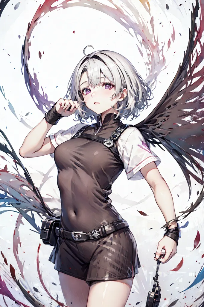 The image is a painting of a young woman with short white hair and purple eyes. She is wearing a black and white outfit and has a gun in her hand. She is standing in front of a white background with a red and black background.