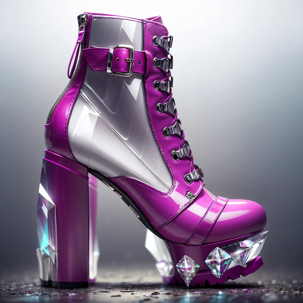 The image shows a purple and white boot with a heel made of clear crystals. The boot is made of shiny patent leather and has a zipper on the inside. The sole of the boot is made of rubber and has a lugged tread. The boot is also decorated with several small crystals on the upper and around the sole.