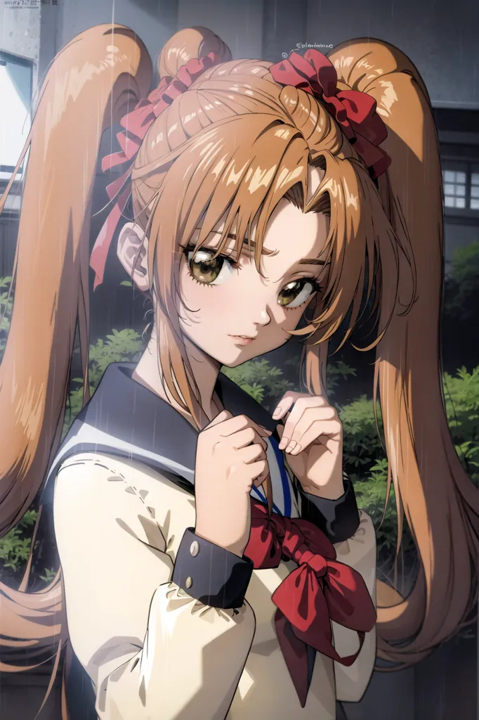 The image shows a young girl with long brown hair tied in twin ponytails with red ribbons. She is wearing a white blouse with a blue sailor-style collar and a red bow at the neck. The girl is standing in a rainy street with blurred trees in the background. She has a serious expression on her face.