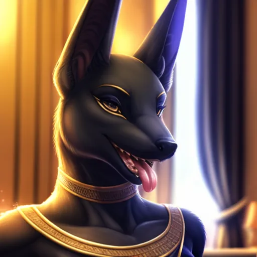 This image shows a black and blue jackal-headed woman with long, pointed ears and a golden collar. She is wearing a golden necklace and has a golden nose ring. Her eyes are dark blue with black eyeliner and she has a long, forked tongue. She is standing in front of a golden curtain and there is a golden glow around her.