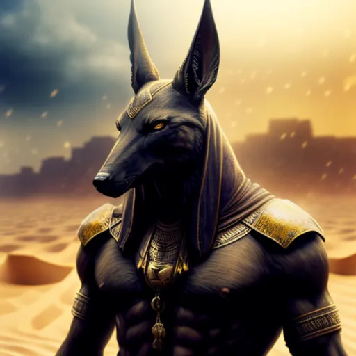 The image shows a muscular man with the head of a jackal. He is wearing a golden collar and a golden loincloth. He is standing in the middle of a desert, with a large city in the background. The sky is dark and cloudy, and there is a sandstorm blowing.