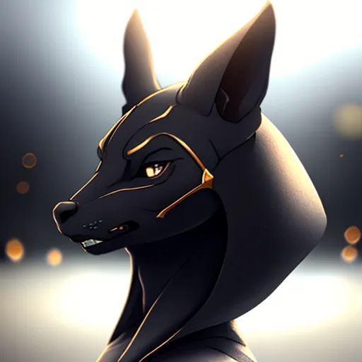 The image is a digital painting of a jackal-headed god. The god has black fur and golden eyes, and is wearing a golden collar and a golden headdress. The background is a gradient of light gray to dark gray.