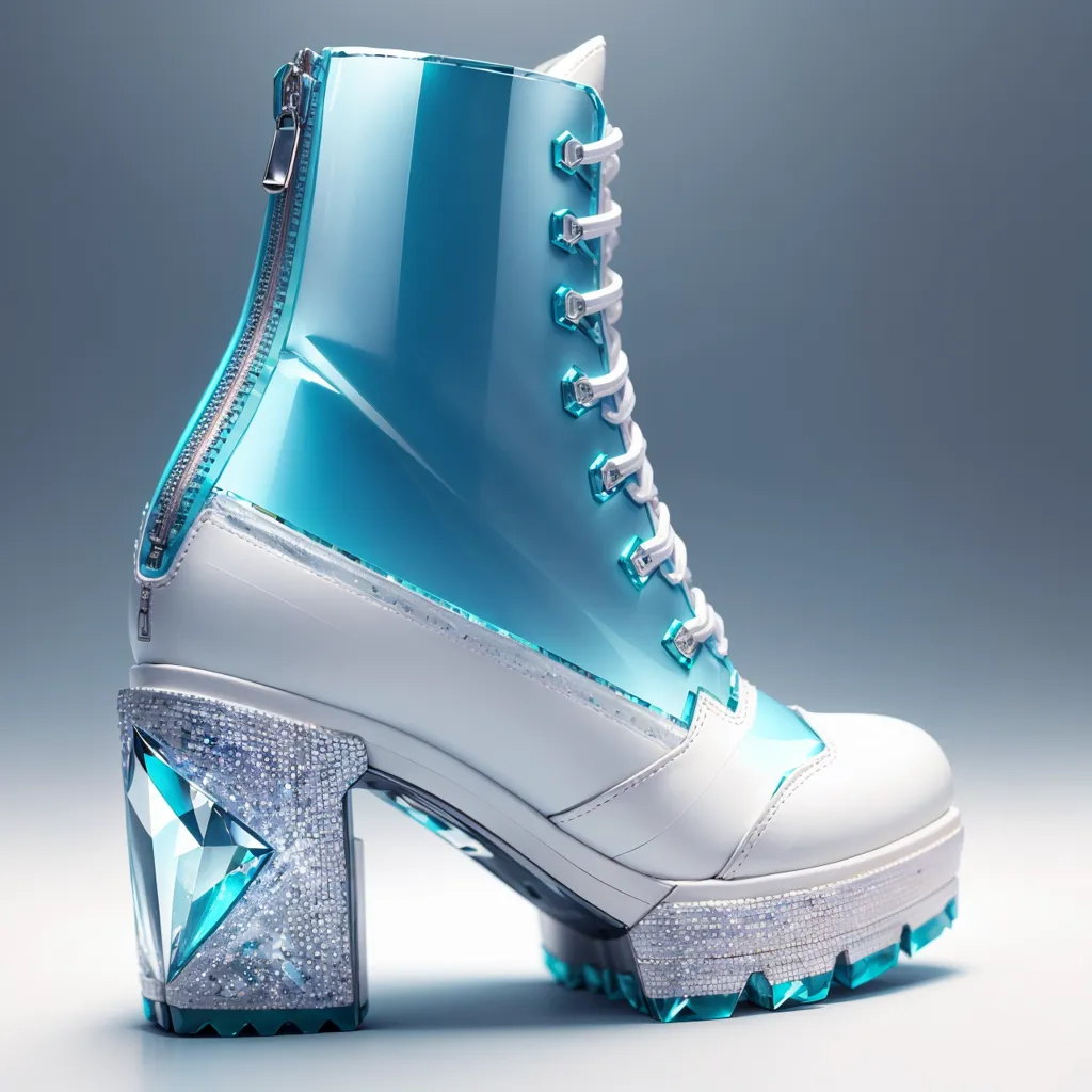 The image shows a blue and white boot with a high heel. The boot is made of shiny material and has a zipper on the inside. The heel is made of a clear material with glitter inside. The boot has a thick sole and is decorated with small diamonds around the bottom.