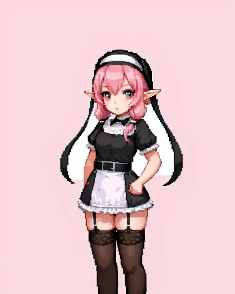 The image contains an anime-style elf girl with pink hair and green eyes. She is wearing a black nun's habit with a white collar and a white apron. She is also wearing black stockings and brown shoes. She has a shy expression on her face and is looking at the viewer with her head slightly tilted down.