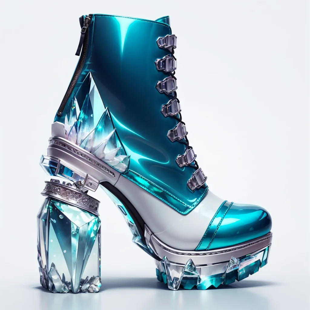 The image shows a blue and white boot with a high heel. The boot is made of shiny material and has a zipper on the side. The heel is made of a clear material with blue and white accents, and there are also blue and white accents on the toe and around the top of the boot. The boot is also decorated with silver buckles and grommets.