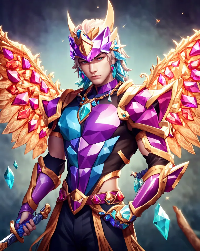 This is an image of a male character with light blonde hair and purple eyes. He appears to be a warrior or a knight, as he is wearing a suit of armor that is decorated with purple and gold gems. He is also wearing a pair of wings that are made of gold and purple crystals. The character is standing in a dark, ethereal-looking place. There are several small, glowing blue objects floating around him, and there is a bright light shining down on him from above.