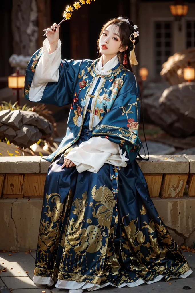 A imagem mostra uma jovem mulher vestindo um vestido tradicional chinês, chamado de Hanfu. O vestido é azul com bordados intrincados em ouro e vermelho. A mulher também está usando uma camisa branca por baixo e uma saia branca longa. Seu cabelo está preso em um coque e ela está usando acessórios tradicionais chineses para o cabelo. O fundo da imagem é um jardim chinês com uma rocha e um lago.