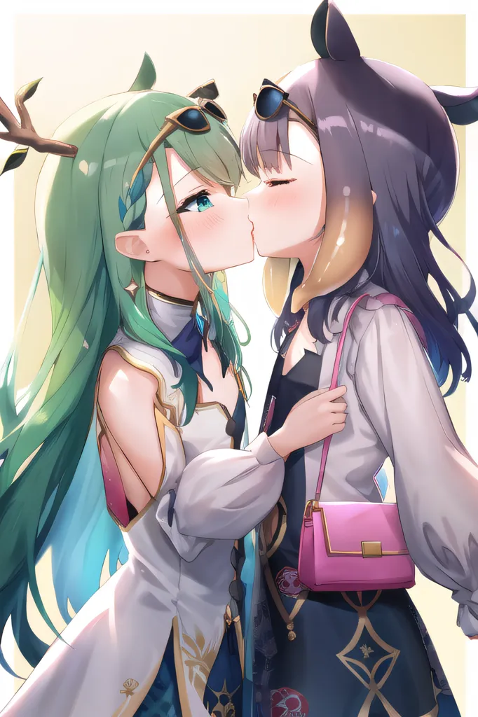 The image shows two anime girls kissing. The girl on the left has green hair and antlers, and the girl on the right has purple hair and cat ears. They are both wearing casual clothes. The background is a gradient of light yellow and white.