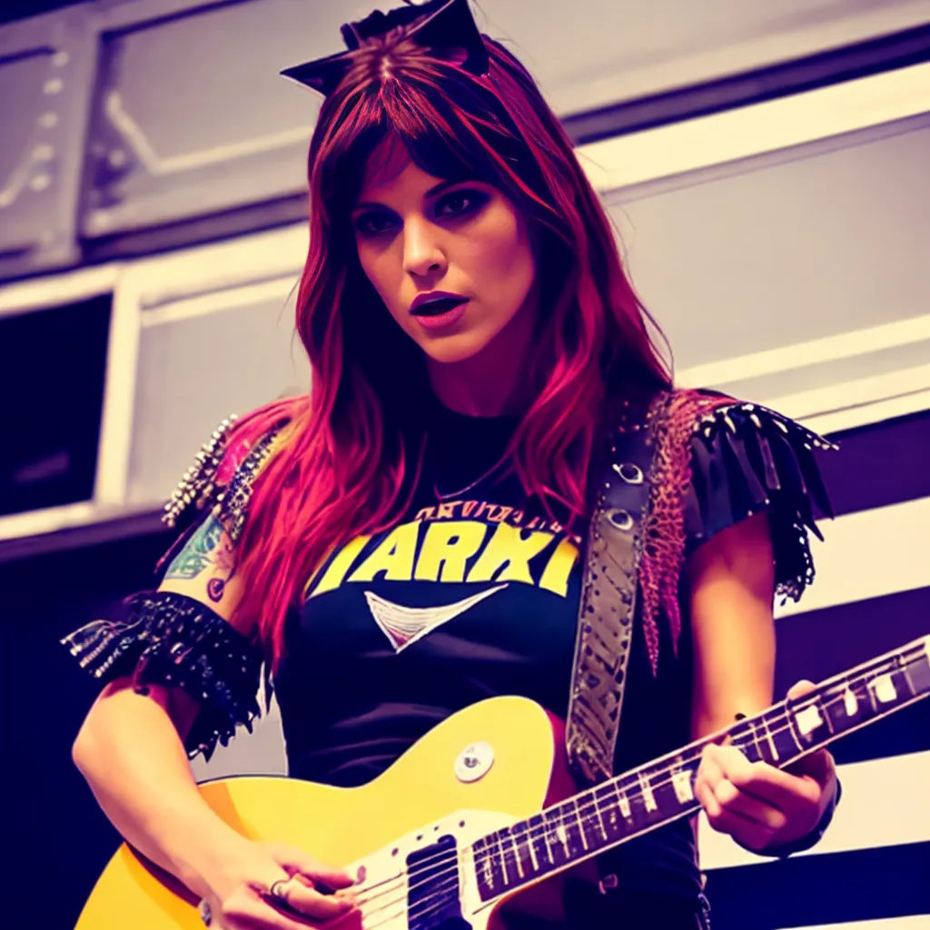 A woman with bright red hair is playing an electric guitar. She is wearing a black t-shirt with a yellow logo on it. She also has on a black jacket with silver studs and fringe. She has cat ears on her head and a tattoo on her left arm. She is standing in front of a black and white striped background.