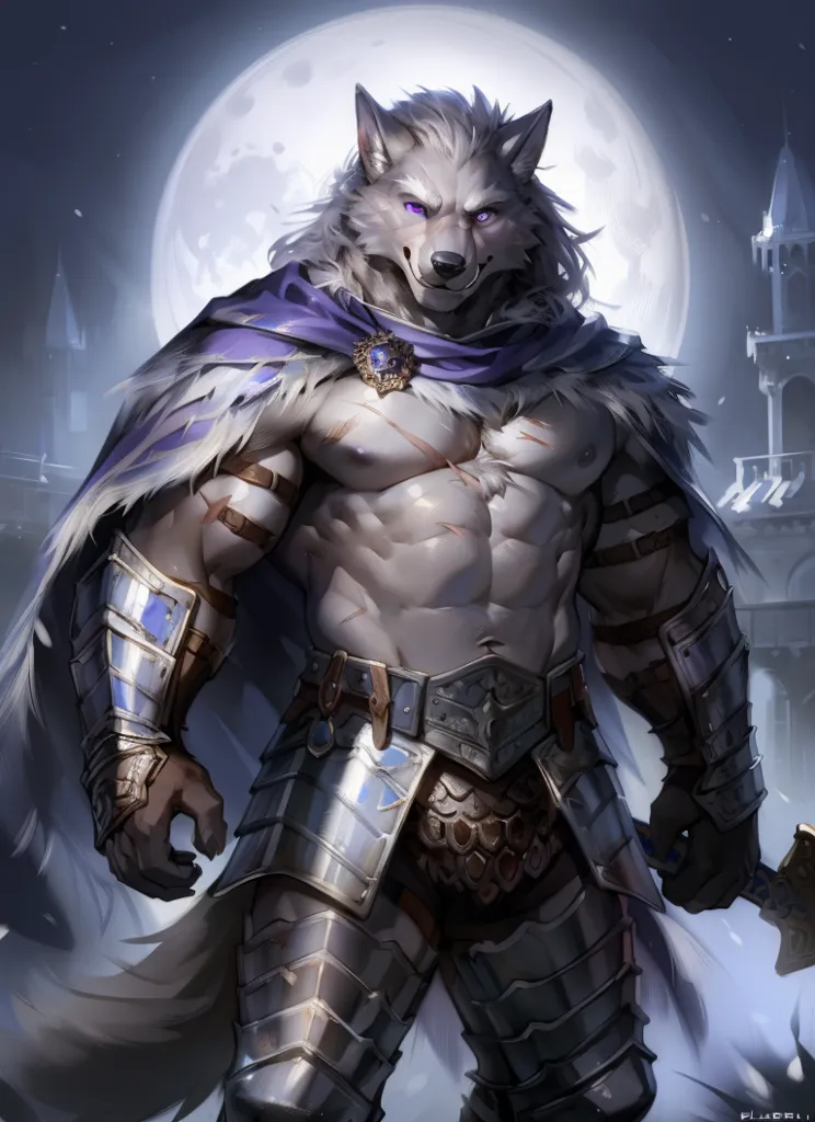 The image is of a muscular white wolf-like humanoid wearing silver armor and a purple cape. He has a scar on his left cheek and a determined expression on his face. He is standing in front of a moonlit castle, and there are mountains in the background.