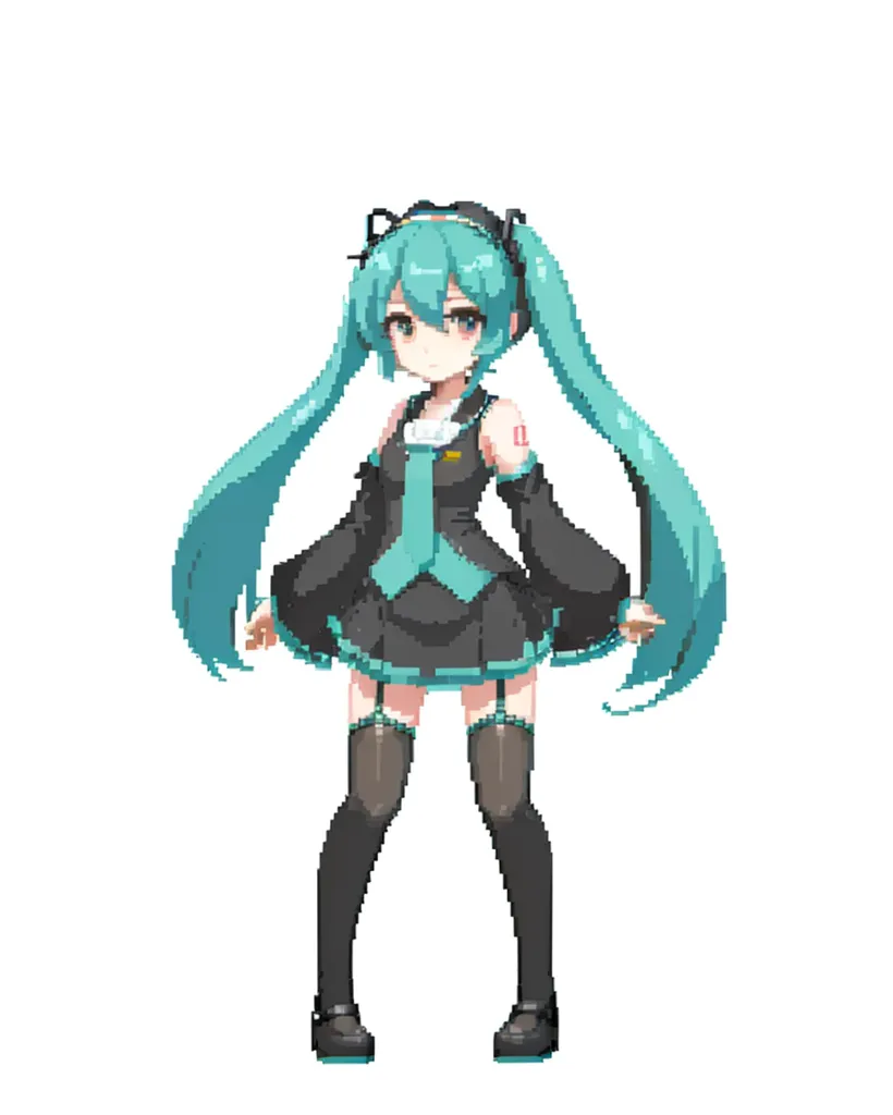 É uma imagem de uma garota de anime pixelizada com cabelos verdes longos. Ela está usando um vestido preto e azul com um colarinho branco. Ela também tem meias pretas e sapatos marrons.