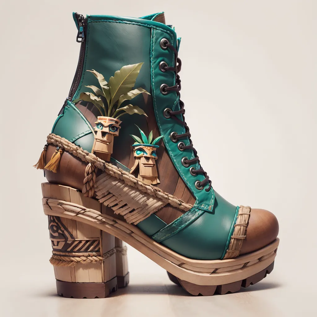 The image shows a single green leather boot with a Cuban heel. The boot is decorated with raffia and wooden tiki carvings. The carvings are painted with white, black, and red paint. The boot is also decorated with green and brown leaves.