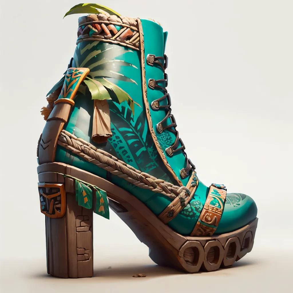 The image shows a single green and blue boot with a high heel. The boot is made of leather with green and brown straps and laces. The top of the boot is folded over and decorated with a brown leaf. The heel of the boot is made of wood with a carving of a tiki face. The boot is also decorated with several small metal rings.