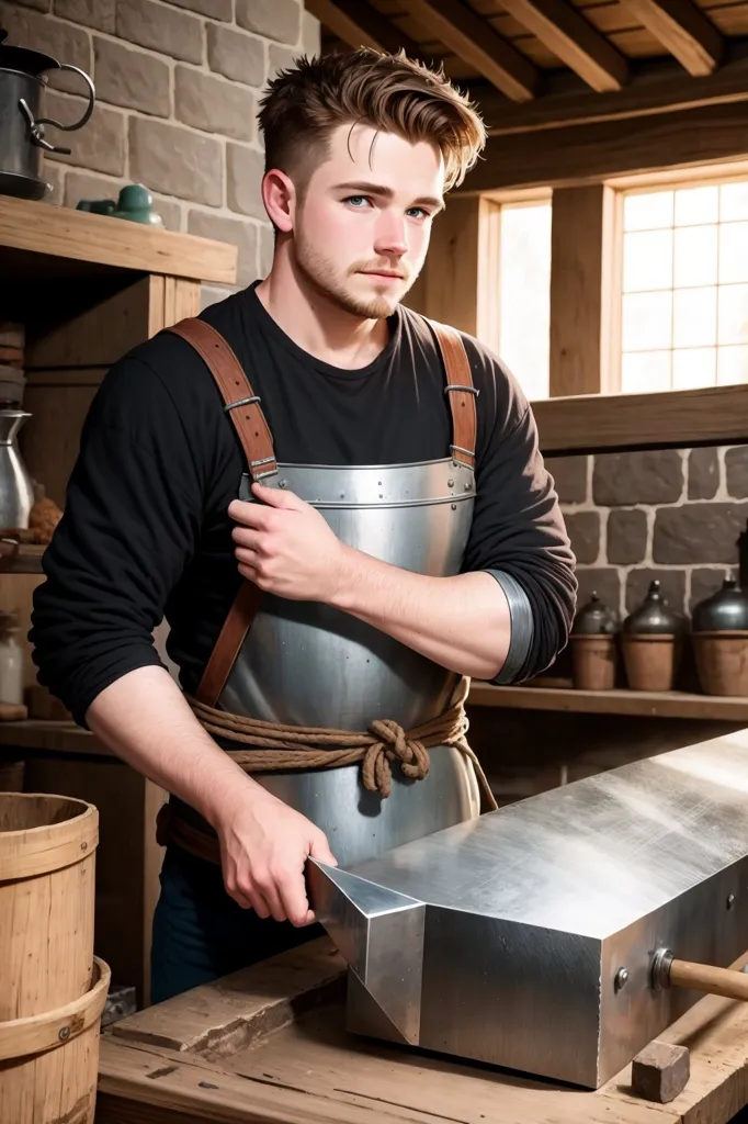 Esta é uma imagem de um homem usando um avental de ferreiro. Ele está em uma oficina de ferreiro, que é um local onde o metal é aquecido e moldado. Há muitas ferramentas e materiais na oficina, incluindo uma bigorna, uma forja e uma variedade de martelos e pinças. O homem está segurando um pedaço de metal em suas mãos e olhando para ele com atenção. Ele está usando um avental e luvas de proteção, e tem o cabelo preso. Ele parece estar concentrado em seu trabalho.