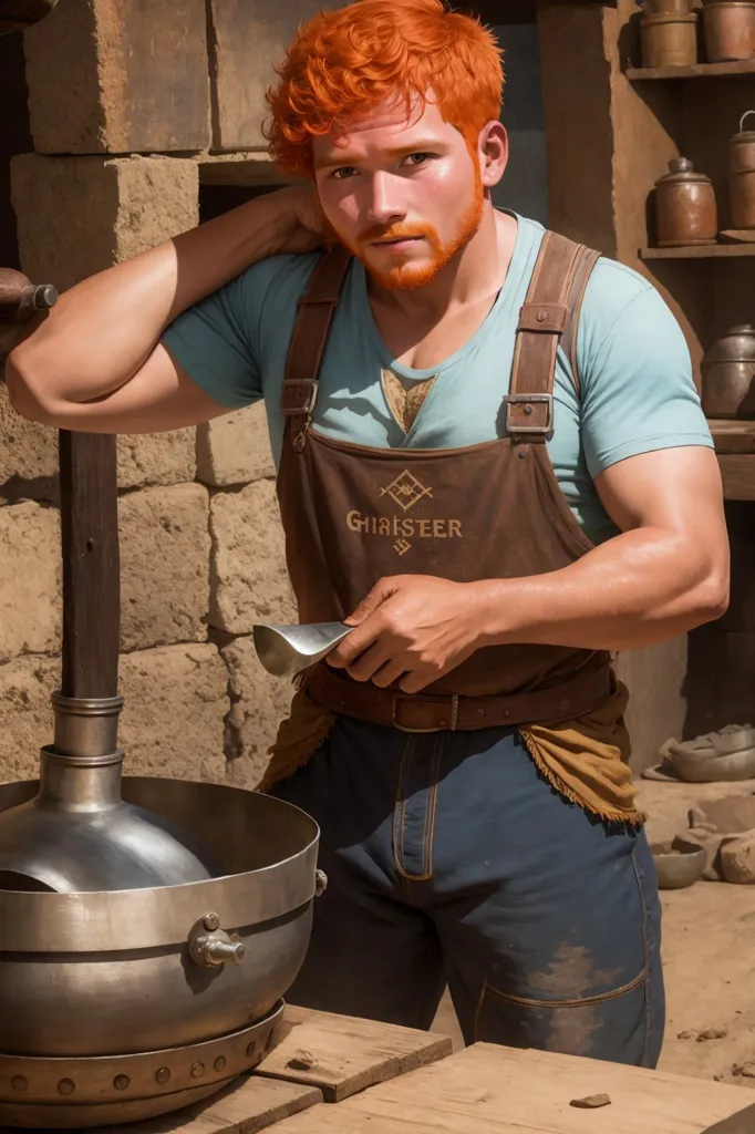 Esta imagen muestra a un hombre con cabello pelirrojo y barba. Lleva una camisa azul, un delantal marrón y pantalones azules. Está de pie en una habitación con paredes de piedra y estanterías de madera. Hay un gran alambique de metal sobre una mesa de madera. El hombre sostiene una cuchara y mira el alambique.