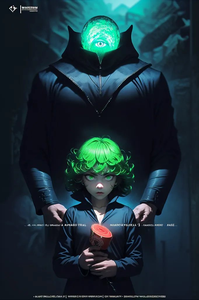 La imagen es de una niña joven con el cabello verde y los ojos verdes. Ella está usando una camisa azul oscuro y hay un hombre grande que se cierne detrás de ella. El hombre lleva un traje negro y tiene un ojo verde en el medio de la cabeza. La niña está sosteniendo una lata en la mano. El fondo es oscuro y hay una luz verde que brilla sobre la niña.