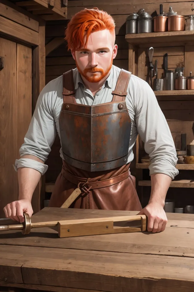 Esta es una imagen de un hombre de pie en la tienda de un herrero. Tiene el cabello rojo y una barba, y lleva una camisa blanca y un delantal de cuero. También lleva una coraza de metal. Hay estantes en la pared detrás de él con varias herramientas y suministros. Sobre la mesa frente a él hay una gran prensa de madera.