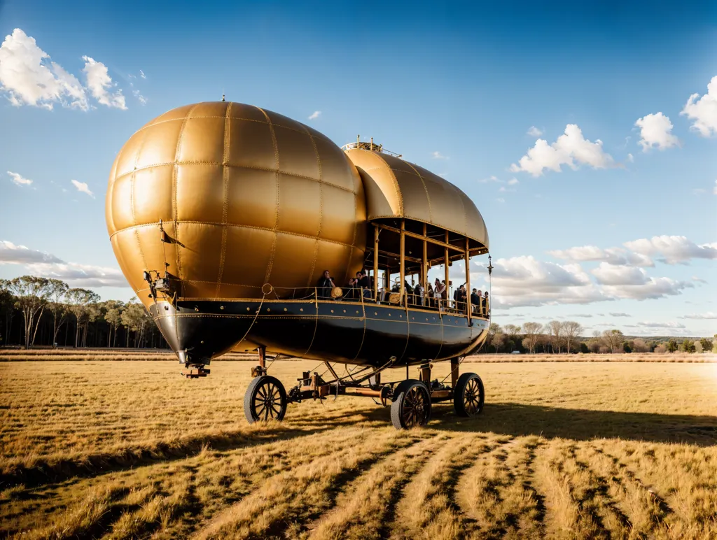 Esta es una imagen de un dirigible steampunk en el suelo. Tiene dos globos grandes de color dorado y una góndola negra con personas en su interior. El dirigible está rodeado de un campo de hierba con árboles a lo lejos. El cielo es azul y hay algunas nubes a lo lejos.