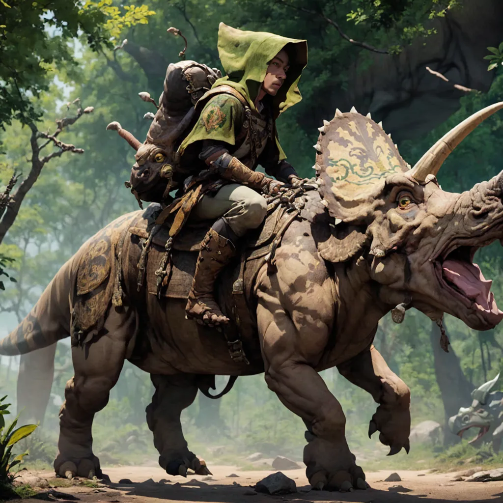 A human is riding on the back of a triceratops-like dinosaur. The human is wearing a green shirt and brown pants and has a sword strapped to their back. The dinosaur is brown and green, with three horns on its head and a large frill around its neck. The dinosaur is running through a forest, and there are trees and plants all around.