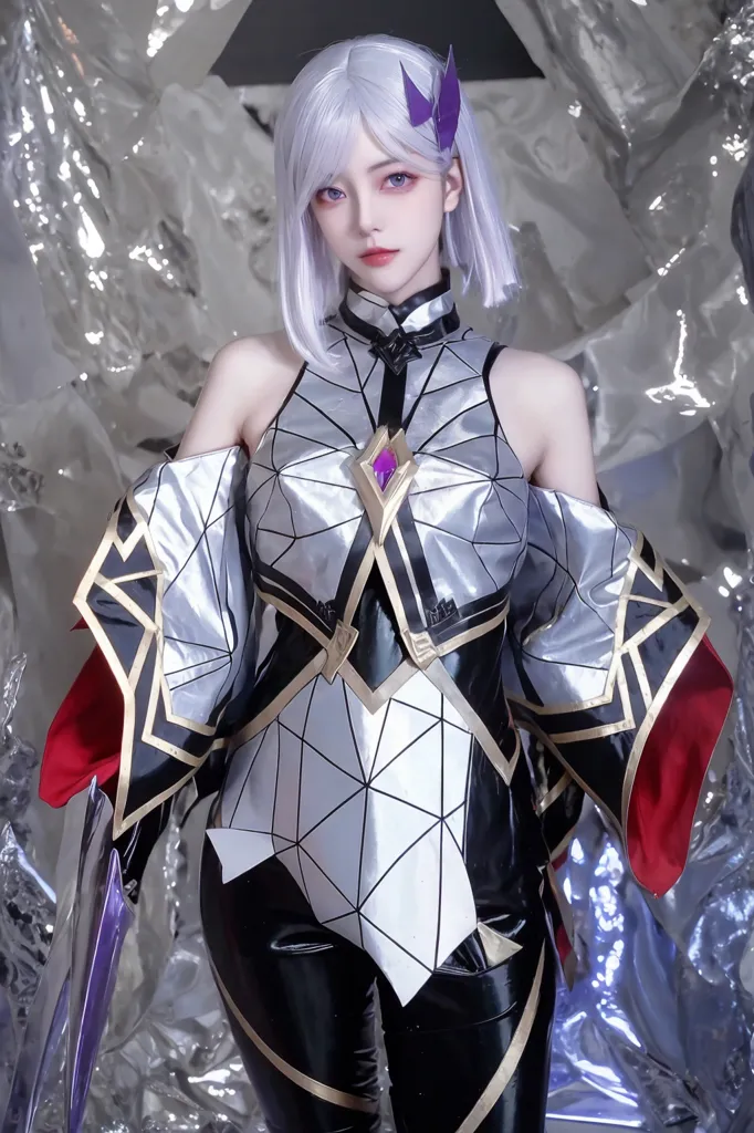 The image shows a young woman with short white hair and purple eyes. She is wearing a black and silver bodysuit with a geometric pattern and red accents. The bodysuit has a high collar and is sleeveless. She is also wearing black boots and has a purple gem embedded in her chest.