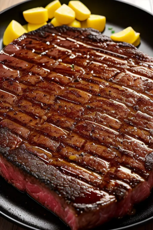 L'image montre un steak juteux et tendre. Il est cuit à la perfection, avec une belle croûte à l'extérieur et un centre rose et juteux. Le steak est servi sur une assiette noire avec des pommes de terre rôties sur le côté. Les pommes de terre sont dorées et croustillantes. Le steak est garni de persil. Le steak est l'élément principal de l'image et il est cuit à la perfection. Les pommes de terre sont un bon accompagnement et ajoutent un peu de couleur à l'assiette. Le persil est une belle touche et apporte une certaine fraîcheur au plat. L'image est bien composée et il est clair que le photographe a pris soin de la rendre attrayante.