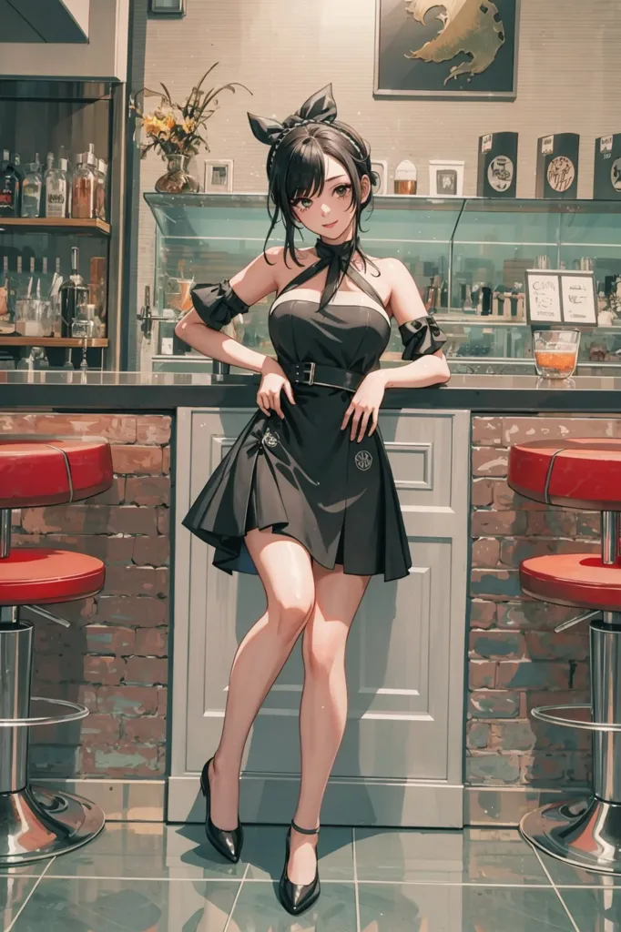 The image shows a young woman with long dark hair and brown eyes. She is wearing a black halter dress with a pleated skirt and a black belt. She is also wearing black high heels and a black bow in her hair. She is standing in front of a bar counter, leaning against it with one hand on her hip and the other holding the strap of her purse. There are several empty glasses on the counter behind her. The background of the image is a brick wall with two red bar stools.