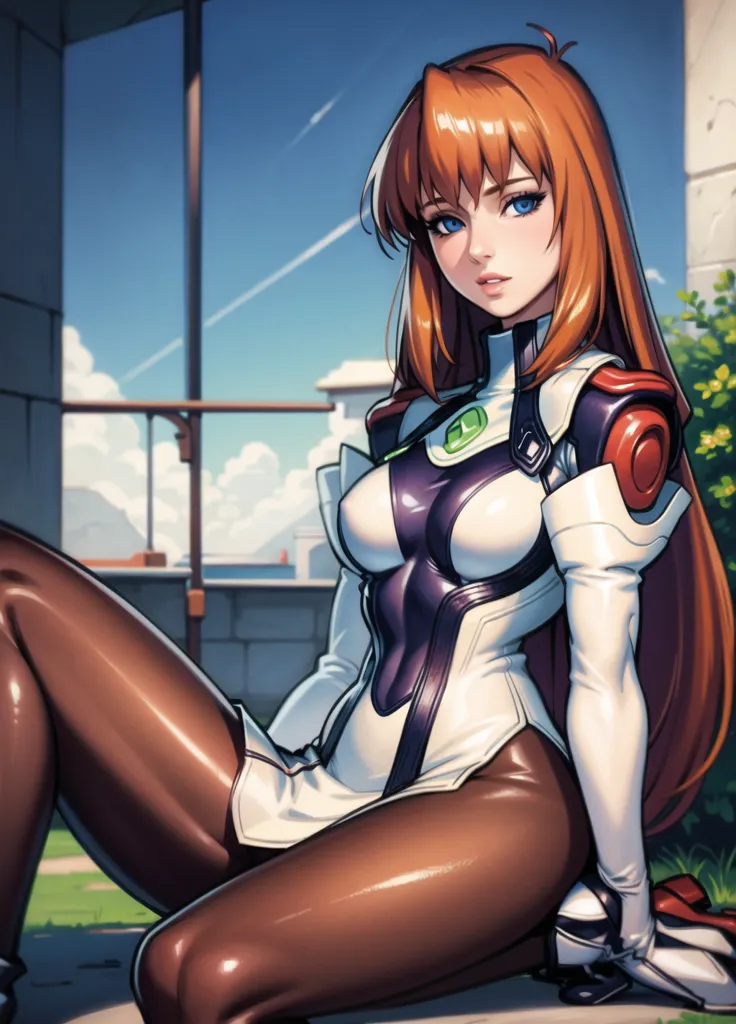 The image is of a beautiful young woman with long red hair and blue eyes. She is wearing a white and black bodysuit with a high collar and a short skirt. The bodysuit is made of a shiny material and has several small, round, green lights on it. She is also wearing a pair of black boots with green soles. She is sitting on the ground with her right leg crossed over her left. Her left hand is resting on her left knee and her right hand is holding her right thigh. She has a serious expression on her face. There is a futuristic city in the background.