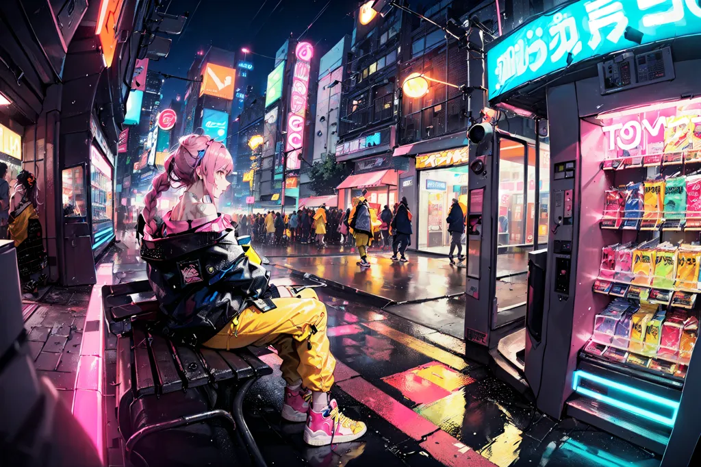 The image is set in a busy city street at night. The street is lined with tall buildings, many of which are covered in neon signs. The street is crowded with people, all of whom are wearing futuristic clothing. The image is full of color and light, and it has a very Blade Runner-esque feel to it.

In the foreground of the image, there is a young woman sitting on a bench. She is wearing a pink and black outfit, and she has pink hair. She is looking down at her phone. There is a vending machine next to her.

In the background of the image, there is a large crowd of people walking down the street. The crowd is so dense that it is difficult to see the individual people in it. The people in the crowd are all wearing futuristic clothing.

The image is full of color and light. The neon signs on the buildings are all different colors, and the lights from the street lamps are also different colors. The image has a very Blade Runner-esque feel to it.