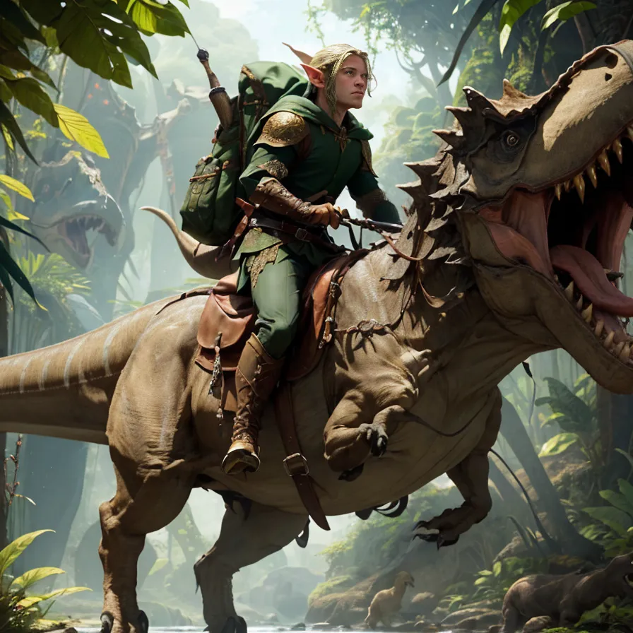 The image is of a blonde, male elf riding a brown Tyrannosaurus Rex through a jungle. The elf is wearing a green tunic and brown boots, and he has a sword and a quiver of arrows on his back. The Tyrannosaurus Rex is running through the jungle, and it has its mouth open and is roaring. The elf is looking ahead, and he has a determined expression on his face.