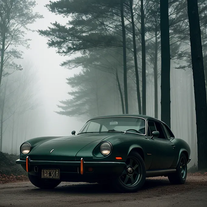 A imagem é de um carro verde clássico estacionado em uma floresta nevoenta. O carro é um hardtop de duas portas com um capô longo e um porta-malas curto. Ele tem uma pintura verde escura e para-choques cromados. O carro está em bom estado e parece bem conservado. A floresta é escura e sombria, e as árvores estão despidas. O chão está coberto de folhas. O carro está estacionado em uma estrada de terra, e há uma grande árvore ao fundo. A imagem é atmosférica e evoca um senso de mistério e intriga.