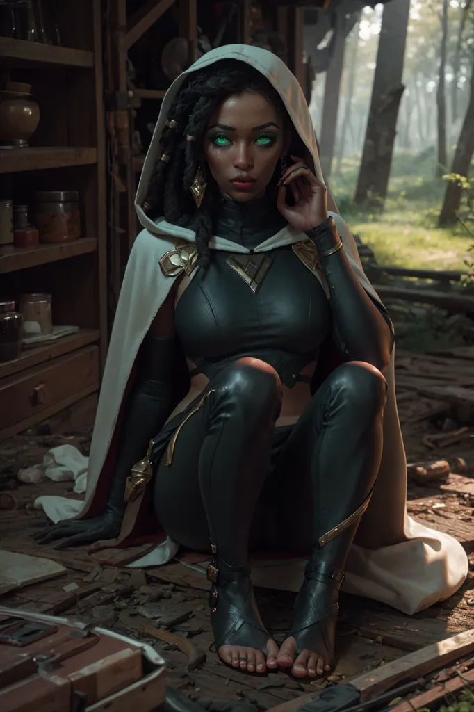 The image is of a dark-skinned woman with green eyes and long black hair. She is wearing a black leather outfit with a white cloak. She is sitting on a wooden floor in a forest setting. There are shelves with green jars and clutter behind her. She is looking at the viewer with a serious expression.