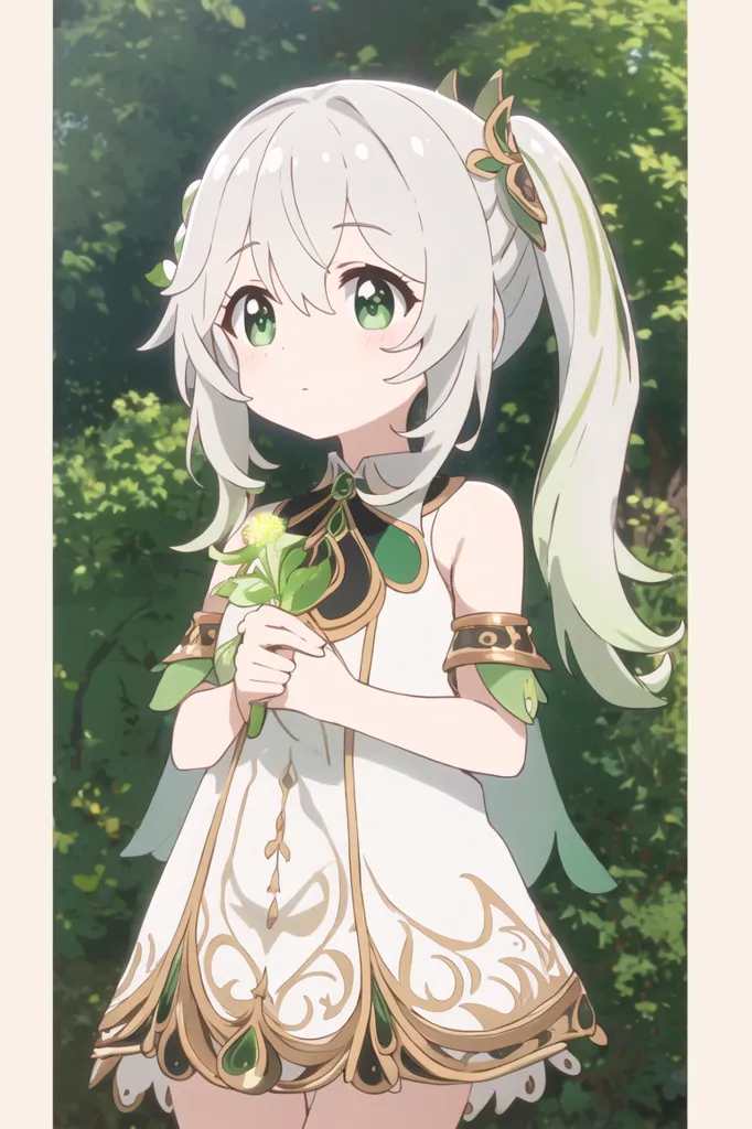 The image is of a small girl with white hair and green eyes. She is wearing a white dress with green and gold accents. The dress has a leaf-like pattern on the skirt. She has a green ribbon in her hair and a flower in her hand. She is standing in a forest, surrounded by green trees and flowers.