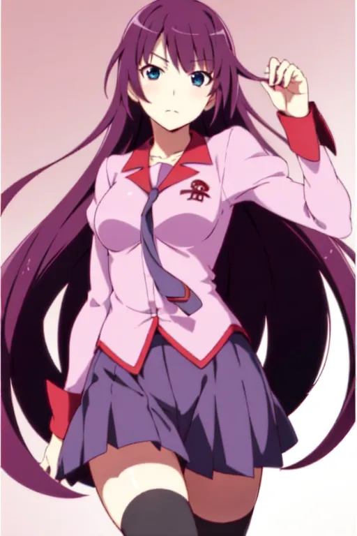 The image shows a young woman with long purple hair and blue eyes. She is wearing a white shirt, a pink tie, and a purple skirt. She is also wearing a black jacket. She is standing with her left hand on her hip and her right hand in her hair. She has a serious expression on her face.