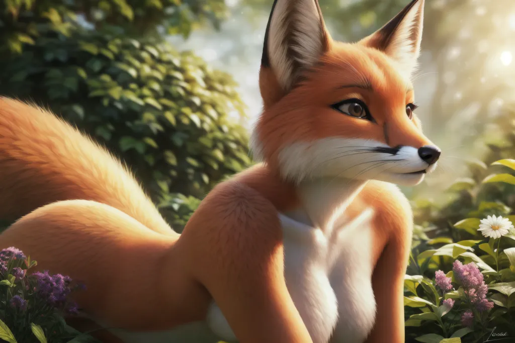 L'image est une peinture d'un renard roux. Le renard est représenté sous la forme d'une belle femme avec des oreilles et une queue de renard. Elle est allongée sur le côté dans une forêt, entourée de fleurs et de plantes. Le renard regarde le spectateur avec une expression curieuse. La peinture est réalisée dans un style réaliste, et les textures de la fourrure et de la peau sont rendues avec beaucoup de détails.