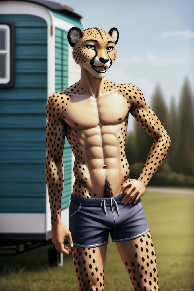 The image is of a muscular man with tan skin and black spots. He has the head of a cheetah, with a black nose and yellow eyes. He is wearing only a pair of blue shorts. He is standing in front of a blue and white mobile home, with his left hand on his hip and his right hand hanging at his side. He has a confident expression on his face.