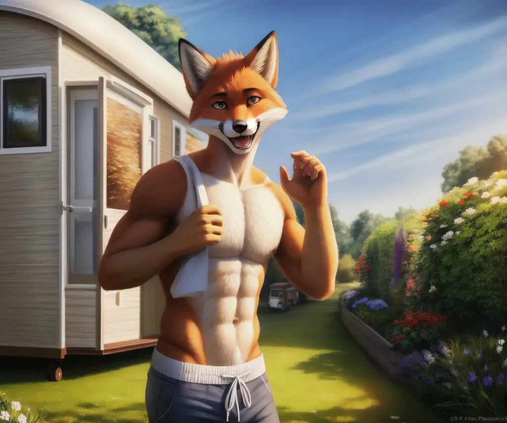 This image shows a muscular anthropomorphic red fox standing outside a mobile home. The fox is wearing a pair of gray shorts and has a white towel draped over his shoulder. He has a friendly expression on his face and appears to be enjoying the warm weather. The mobile home is white with a brown door. The surrounding area is green and there are flowers in the foreground. The sky is blue and there are some clouds in the distance.