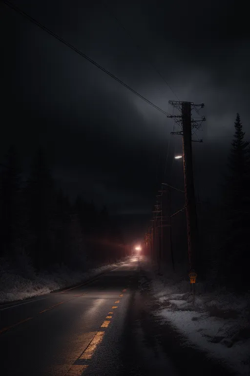 The image is a long, dark road at night. The only light comes from the headlights of a car that is approaching. The road is surrounded by tall trees and there is a single street lamp on the right side of the road. The image is very dark and moody.