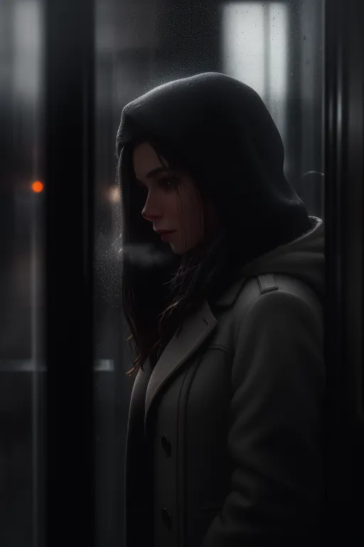 The image is a digital painting of a young woman standing in front of a door. She is wearing a black hoodie and a gray coat. The woman is looking down with a sad expression on her face. The background is blurred, but it looks like there is a city street outside. The image is dark and moody, and it captures the feeling of isolation and loneliness.