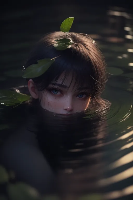 A young woman with long dark hair is partially submerged in a dark body of water. She has a leaf on her head and is looking at the viewer with her blue eyes. The water is murky, but you can see her reflection. She is wearing a dark-colored swimsuit.