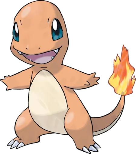 Esta é uma imagem de um personagem Pokémon. É uma criatura réptil, bípede e pequena, com pele laranja e barriga de cor creme. Tem uma chama na ponta da cauda. Está sorrindo e com os braços estendidos.