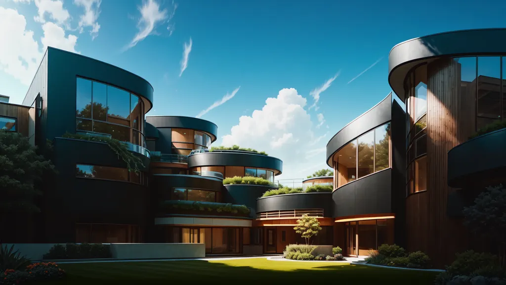 The image is a modern house with a curved design. The house is black with large windows and a green roof. The house is surrounded by trees and has a large lawn in front of it. The sky is blue and there are some clouds in the sky.