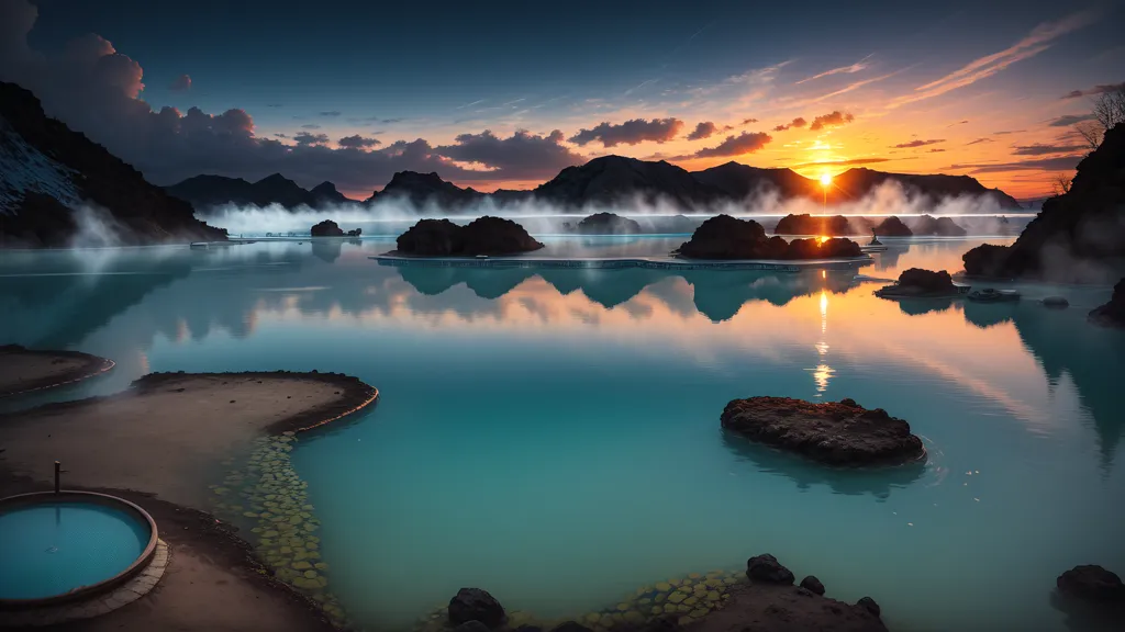 The image shows a geothermal spa in Iceland. The water in the spa is a bright blue color and the rocks surrounding it are black. There is a mountain range in the background and the sky is orange and yellow from the sunset. There are some clouds in the sky and the sun is setting over the mountains.