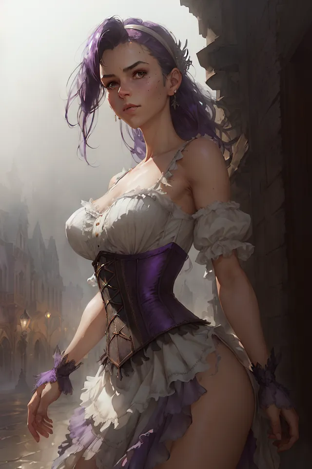 Esta es una imagen de una mujer de pie en una calle medieval. Lleva un vestido blanco y morado con un corsé. Tiene el cabello largo de color morado y ojos verdes. Mira al espectador con una expresión seria. Hay edificios y una farola de calle en el fondo.