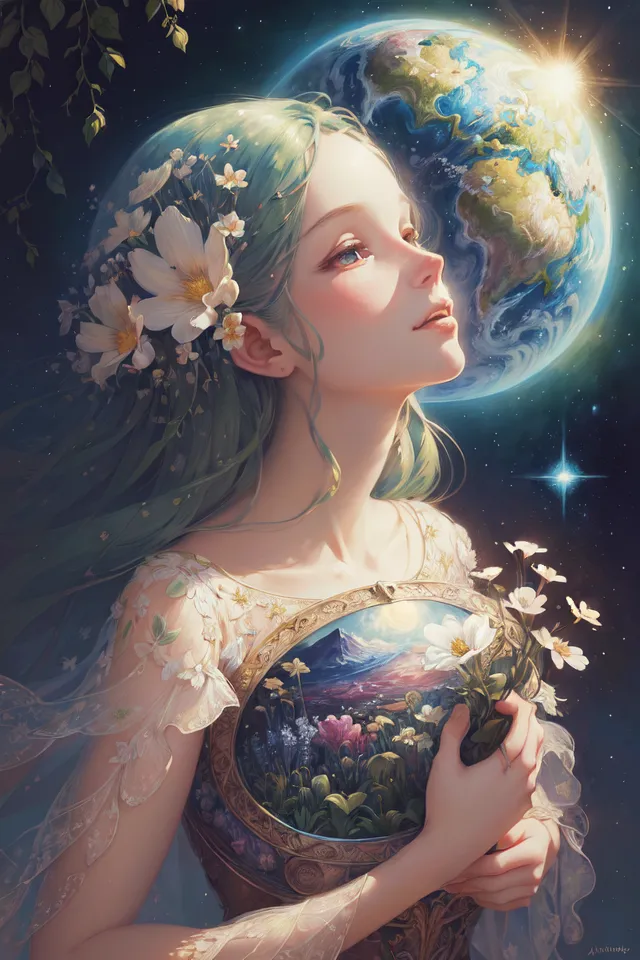 This image shows a beautiful woman with long green hair and white flowers in her hair. She is wearing a white dress with a golden corset. The woman is holding a mirror in her hands, and the Earth is reflected in the mirror. The woman is looking at the Earth with a sad expression on her face. The image is set in a dark blue background with stars.