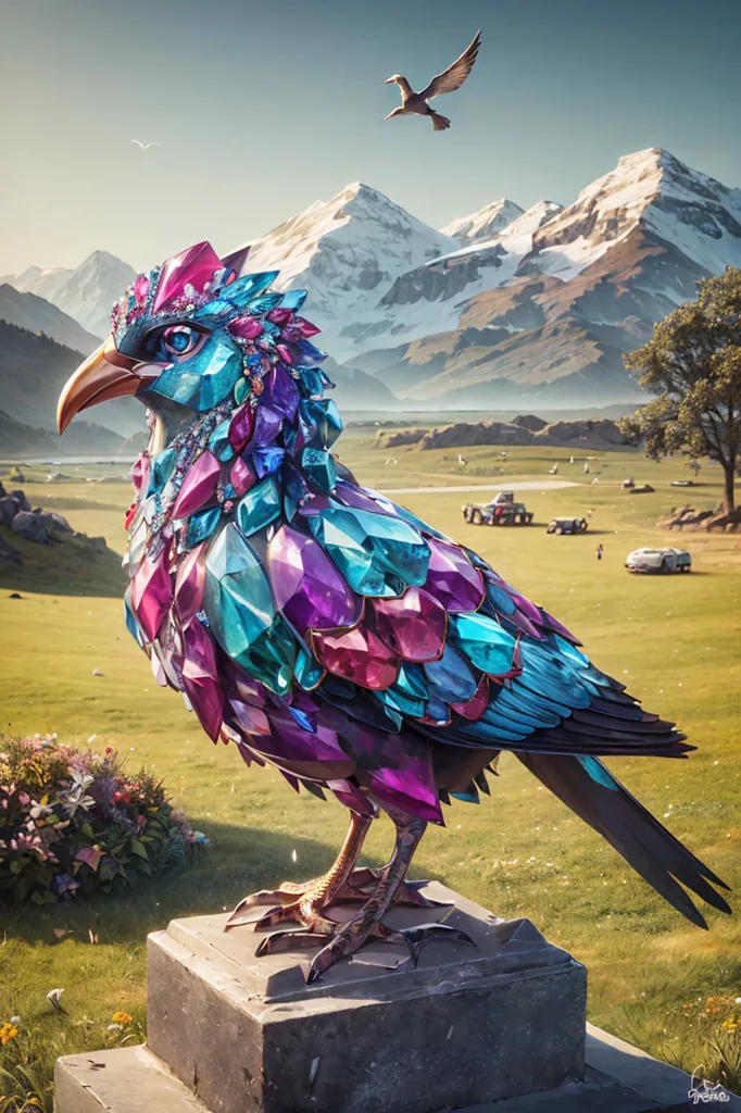 The image is a 3D rendering of a colorful bird with a long tail. The bird is standing on a stone pedestal in a field. There are mountains in the background and a tree to the right of the bird. There are also some flowers in the foreground. The bird is covered in colorful crystals and has a large crest on its head. The bird is looking at the viewer.