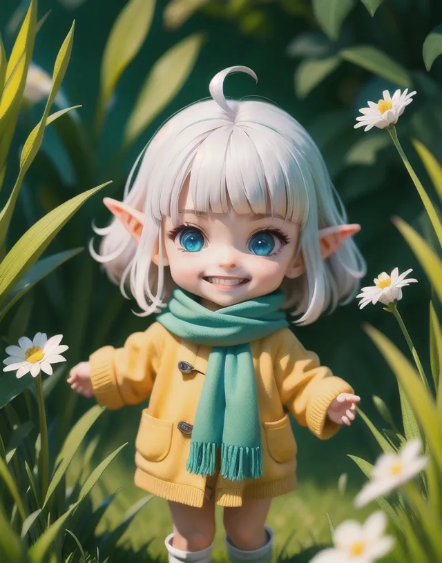 The image shows a small, elf-like creature with white hair and blue eyes. It is wearing a yellow jacket and a green scarf. The creature is standing in a field of green grass and white flowers. It has a happy expression on its face and appears to be enjoying the sunshine.